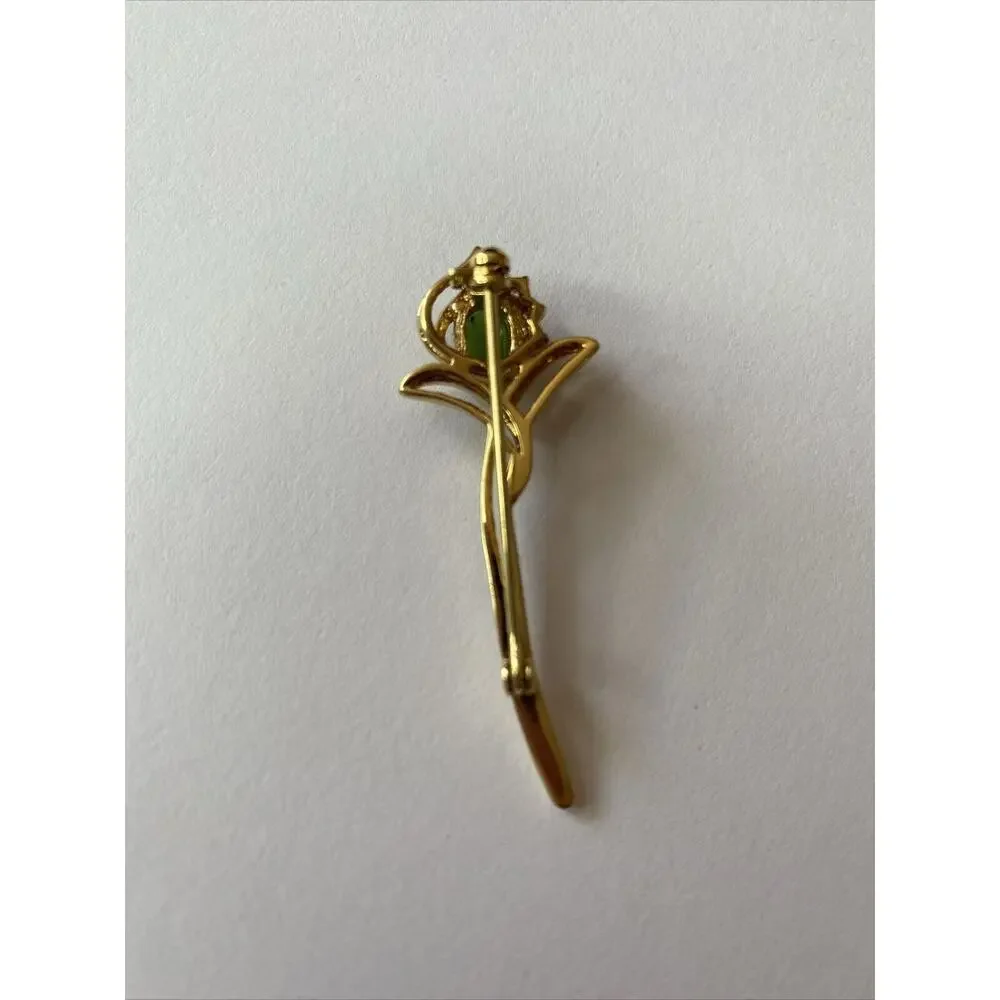 Vintage Gold Tone Pronged Jade Faux Diamonds Brooch Green Flower Pin